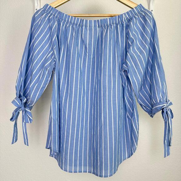 Size 4 Women’s Off-The-Shoulder Cotton Blouse Top - Blue & White Stripe - Picture 2 of 3